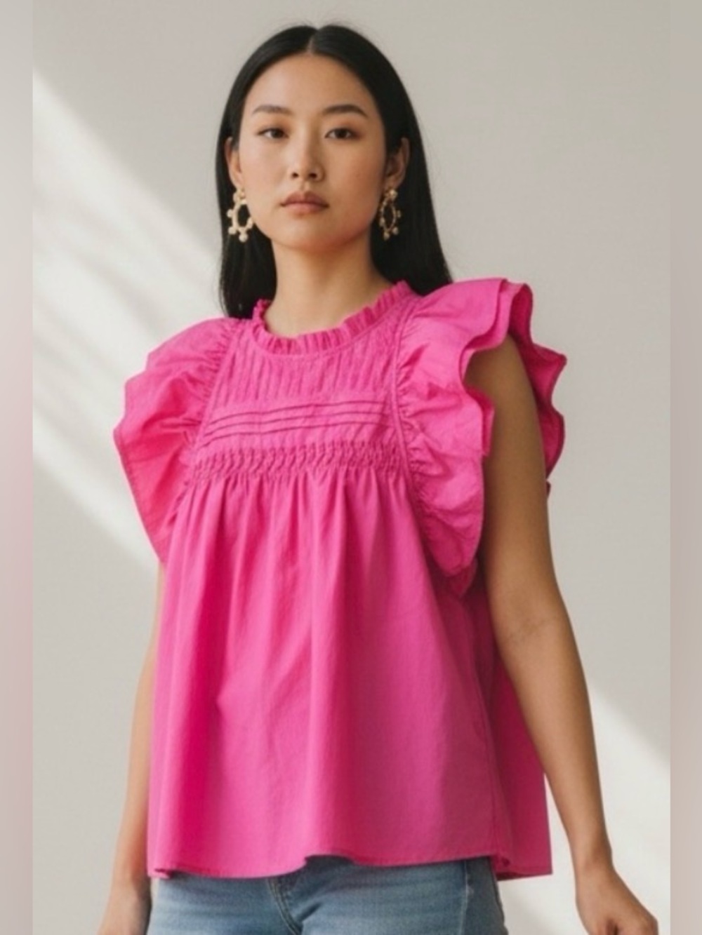 THML Hot Pink Ruffle Sleeve Smocked Top - Picture 1 of 5